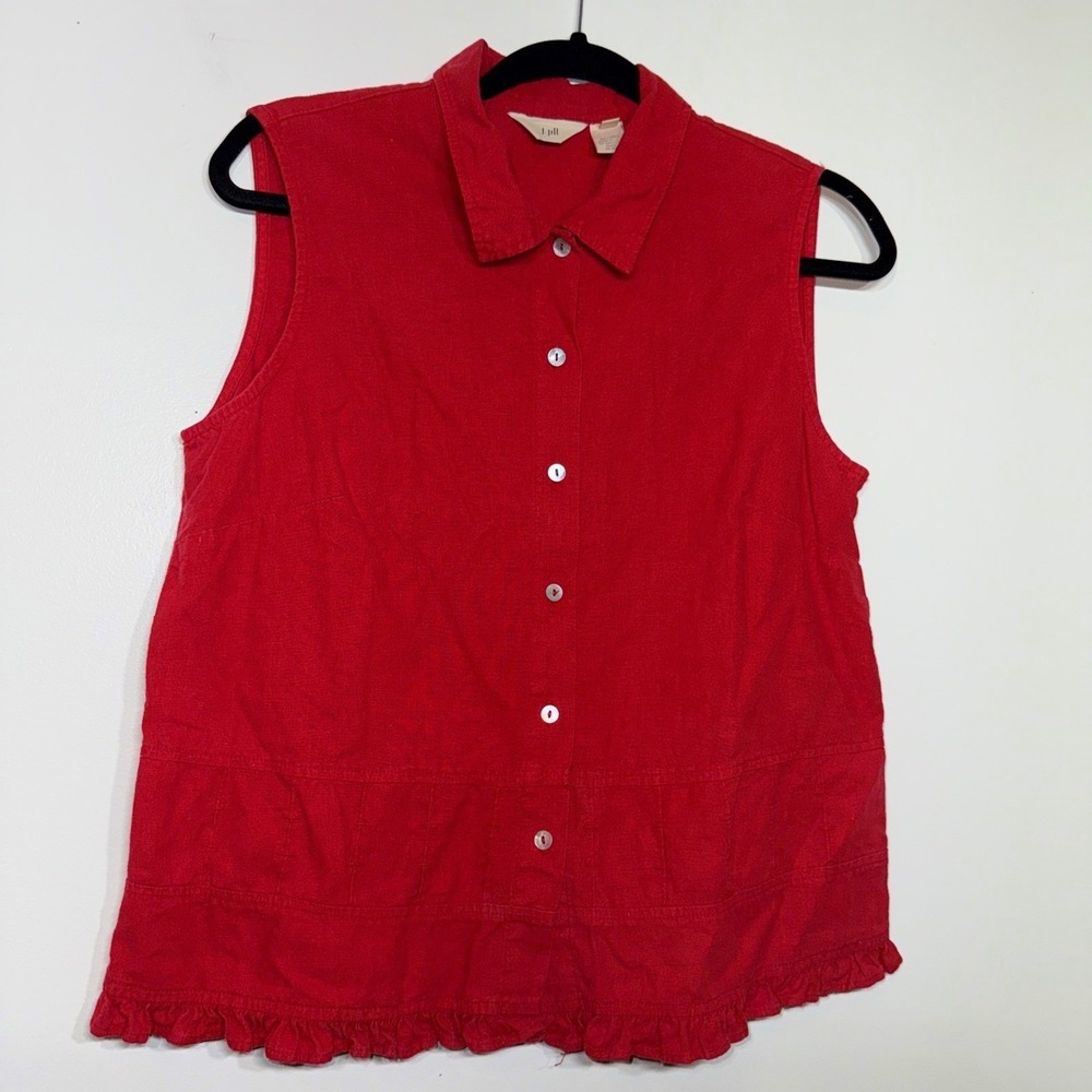 J. Jill‎ Love Linen Peplum Sleeveless Button Up Tunic Shirt Size M Hibiscus Red
